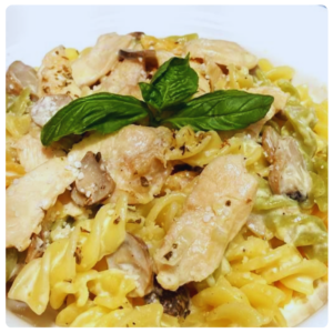 CHICKEN FUSILLI WITH GARLIC BUTTER TOAST